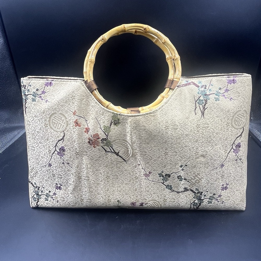 Vintage Chinese Style Tote Handbag Round Bamboo Handles Unique Gold Floral NWOT‎